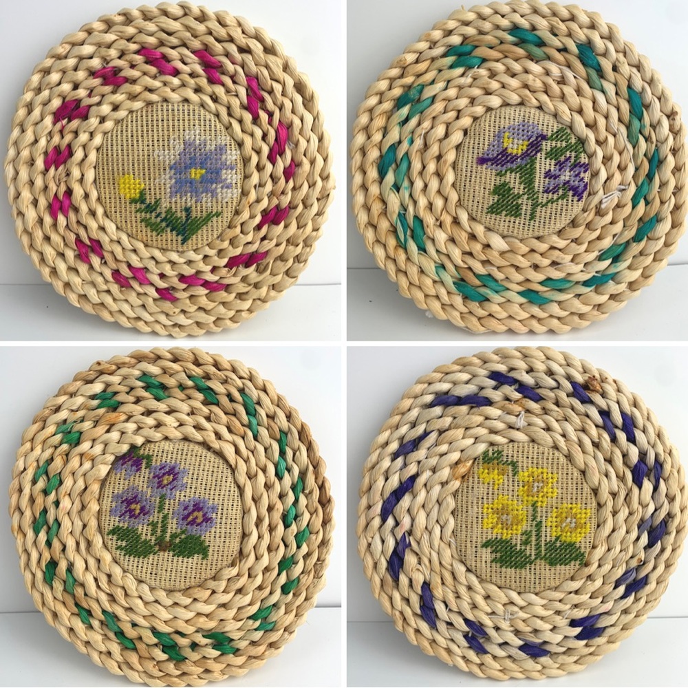 Vintage Set of 4 Woven Trivets w/cross stitch needlepoint center wall art